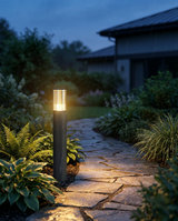 Cylinder LED garden pillar light along path at dusk, lifestyle