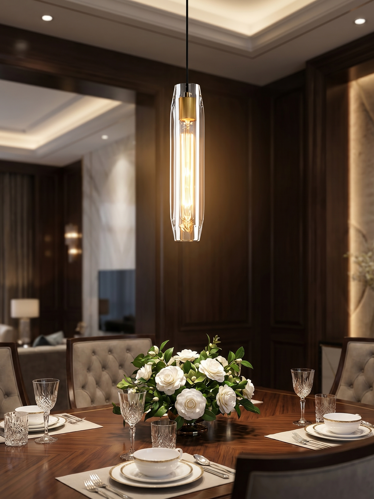 Camellia crystal pendant over dining table, lifestyle