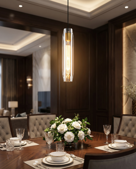 Camellia crystal pendant over dining table, lifestyle