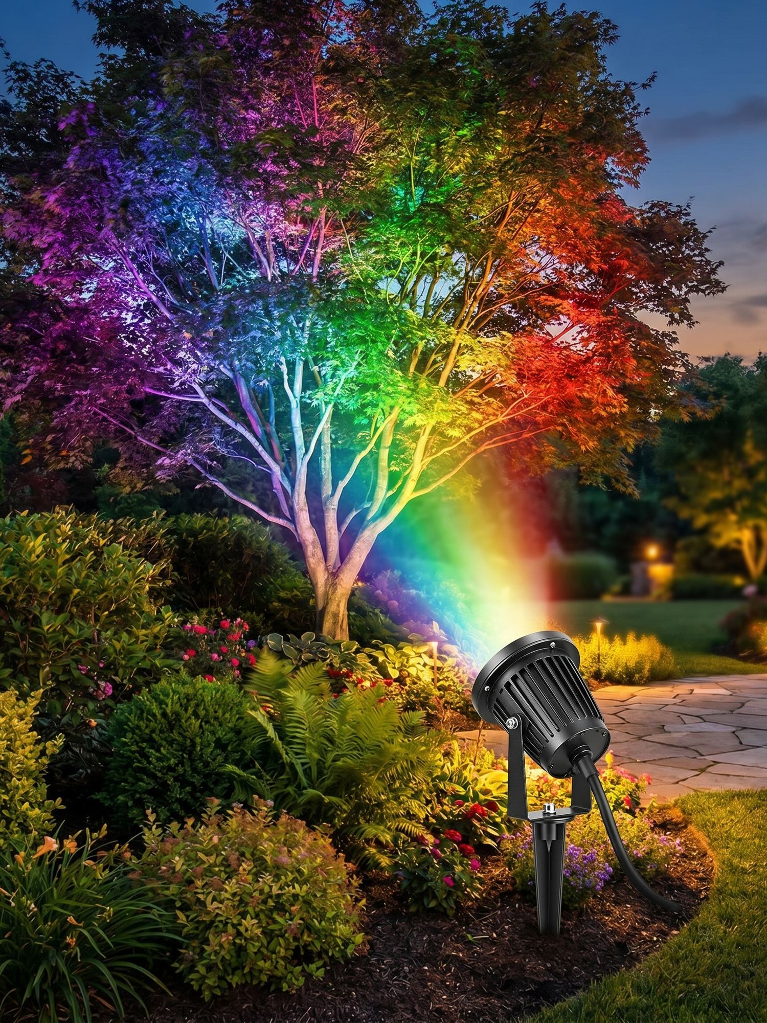 RGB LED spot light uplighting a tree, lifestyle