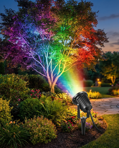 RGB LED spot light uplighting a tree, lifestyle