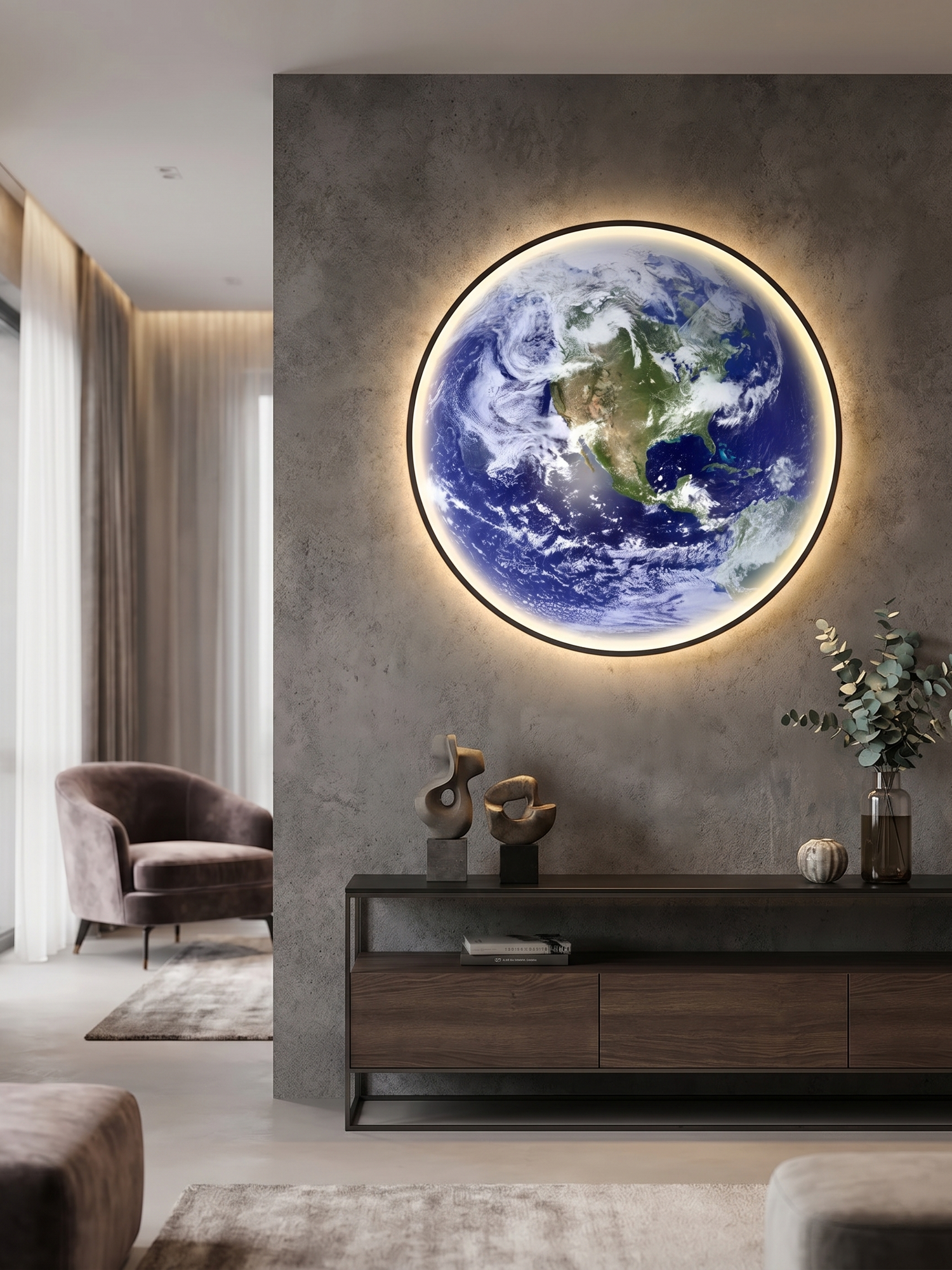 Planet earth LED wall sconce on accent wall, lifestyle