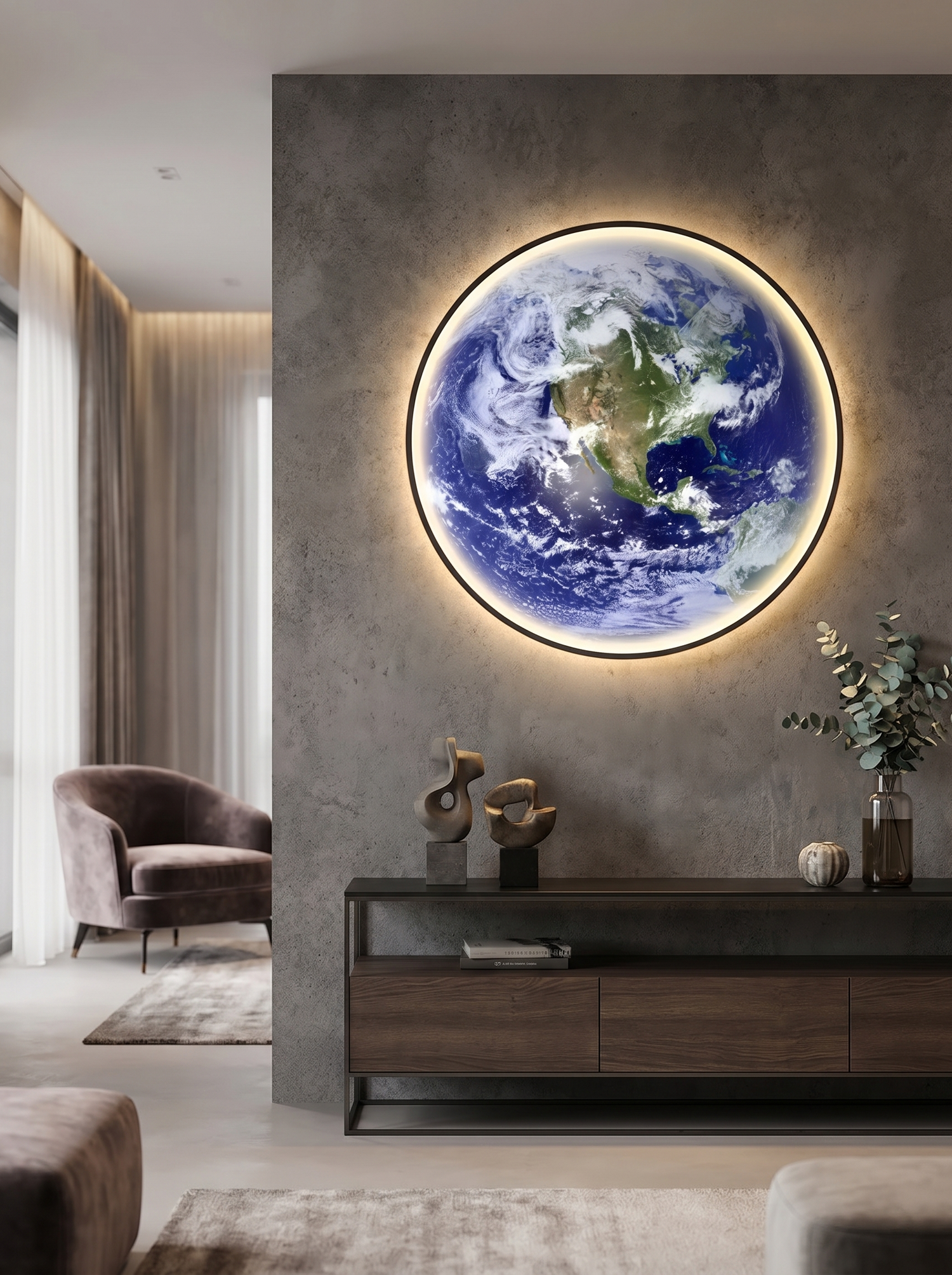 Planet earth LED wall sconce on accent wall, lifestyle