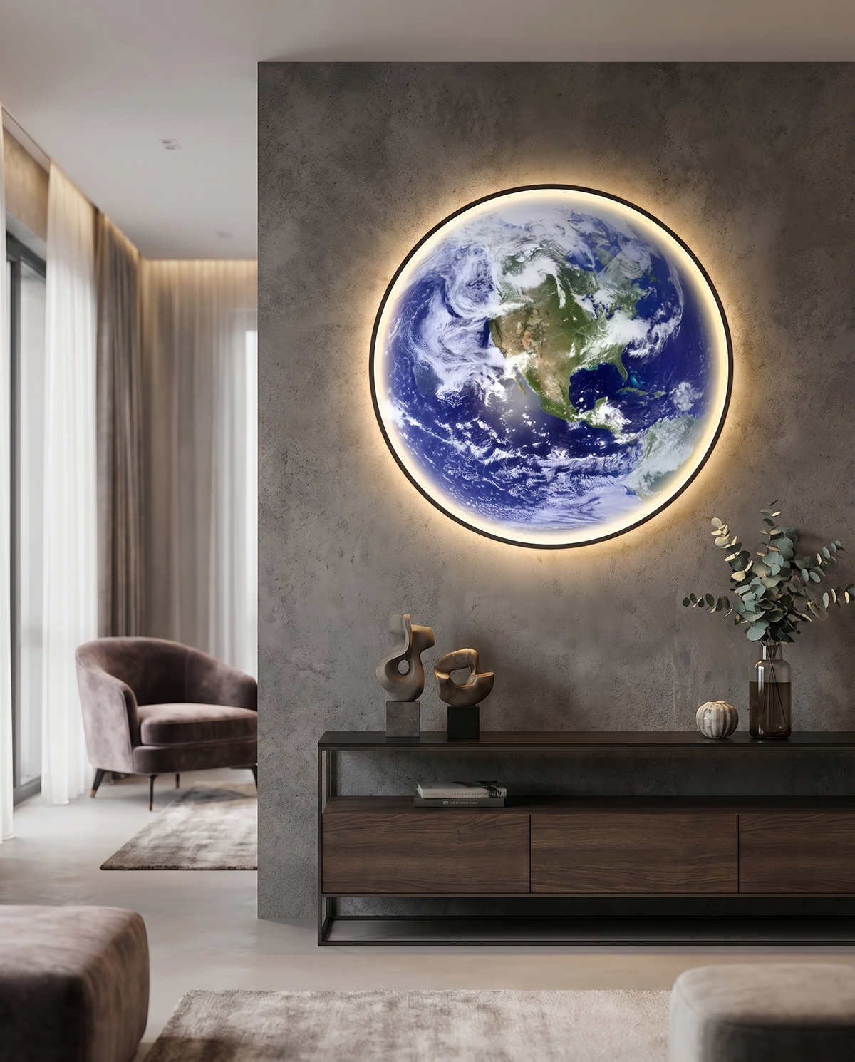 Planet earth LED wall sconce on accent wall, lifestyle