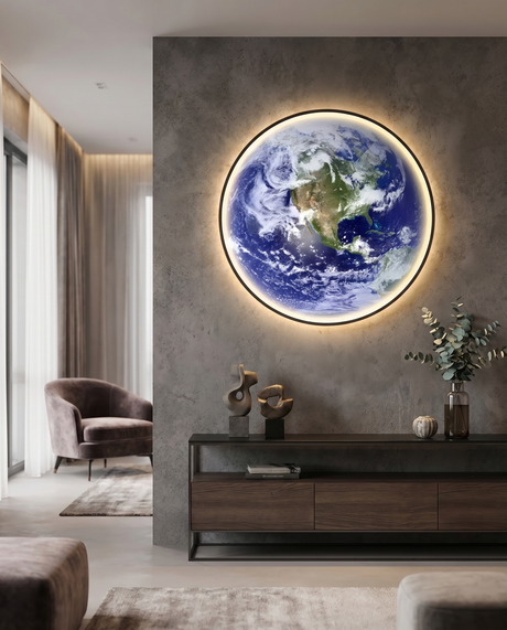 Planet earth LED wall sconce on accent wall, lifestyle