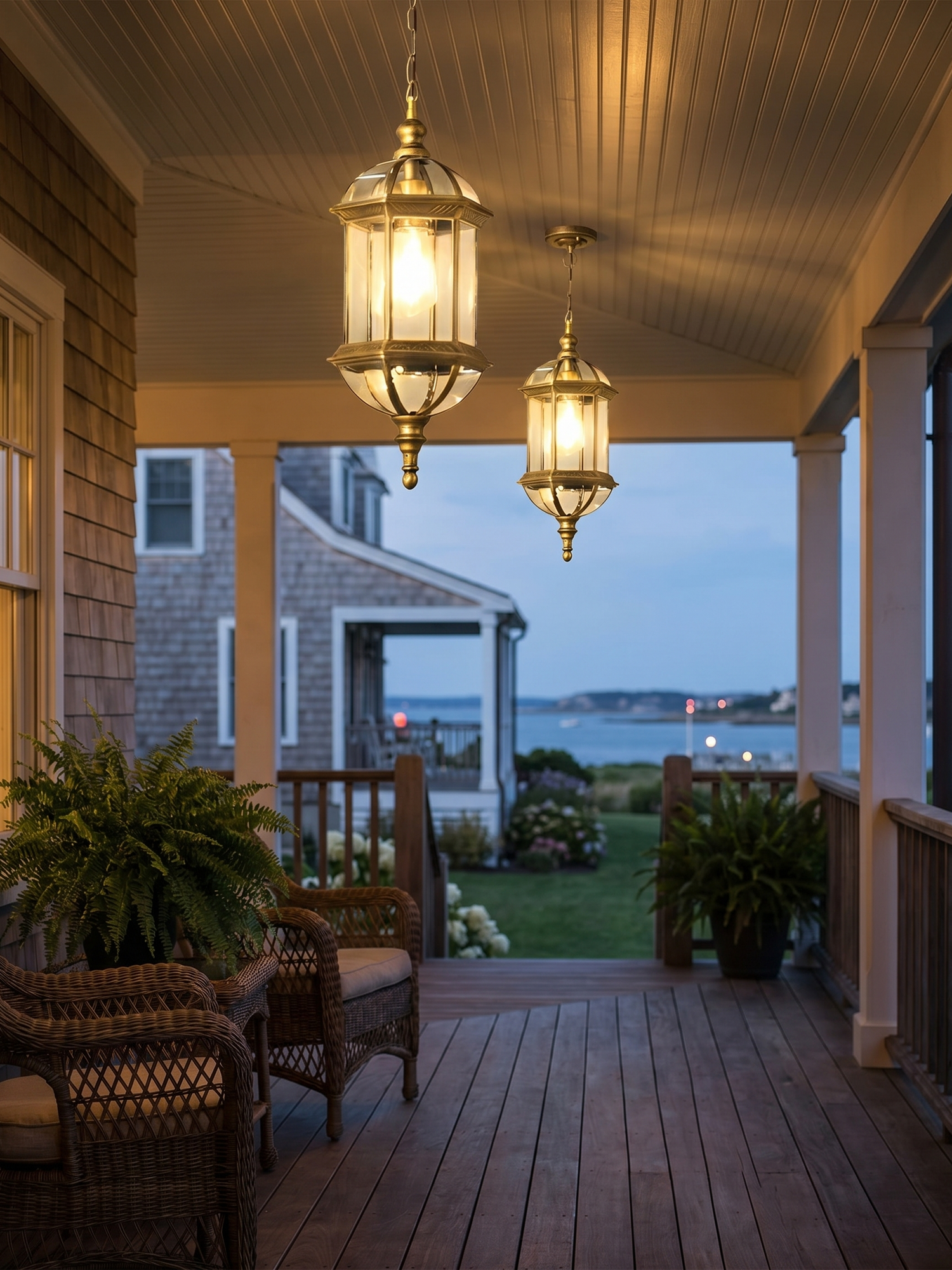 Rustic cylinder outdoor lantern pendant on porch, lifestyle