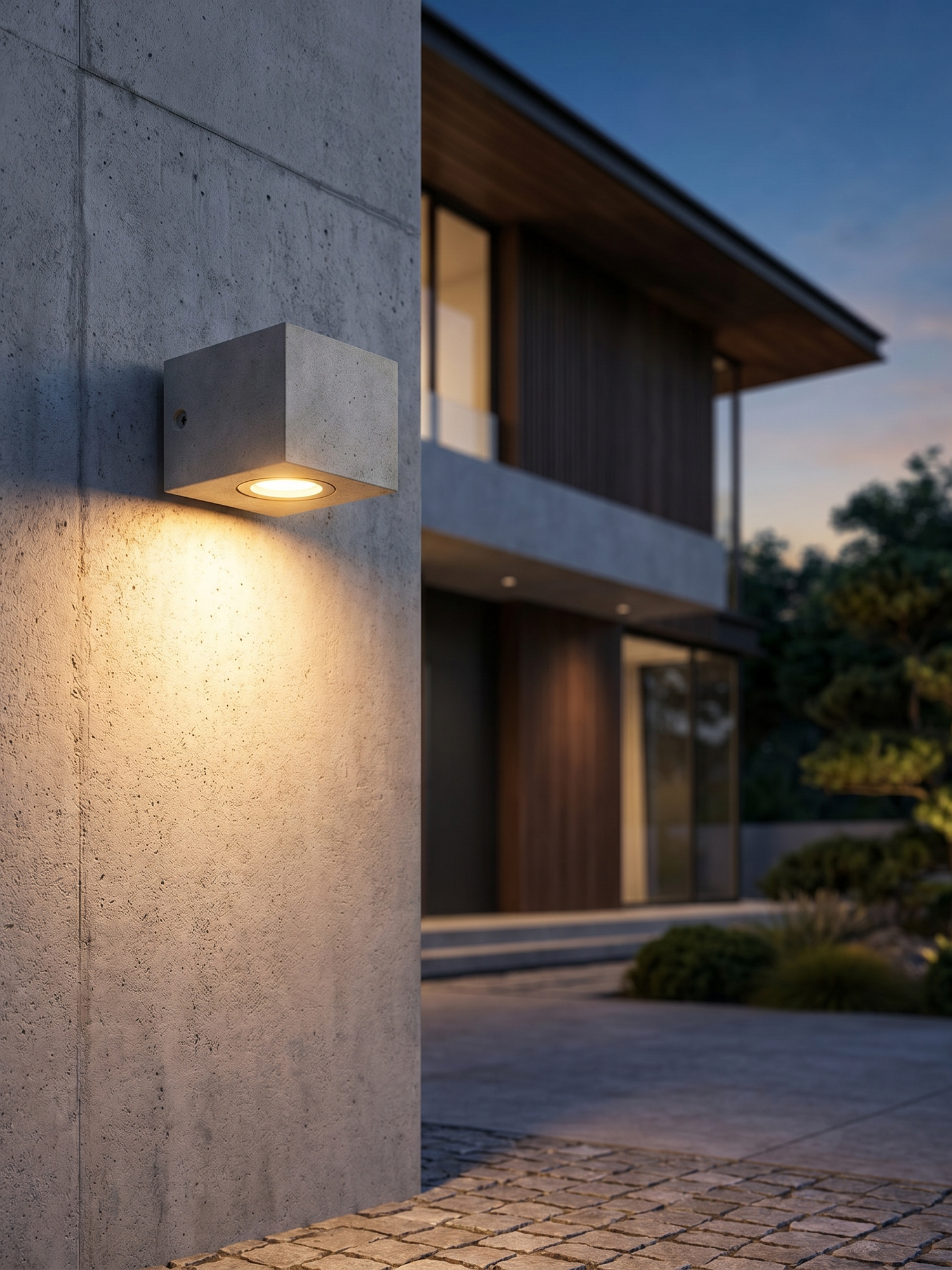 Concrete LED porch light on exterior wall, lifestyle