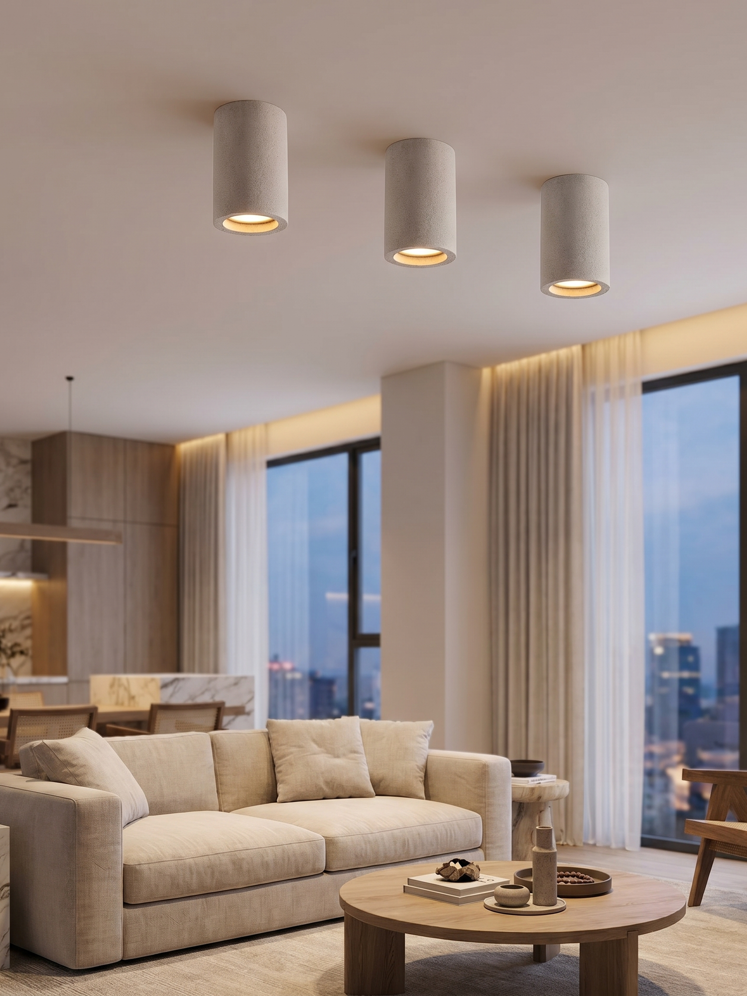 Round concrete LED ceiling light in living room, lifestyle