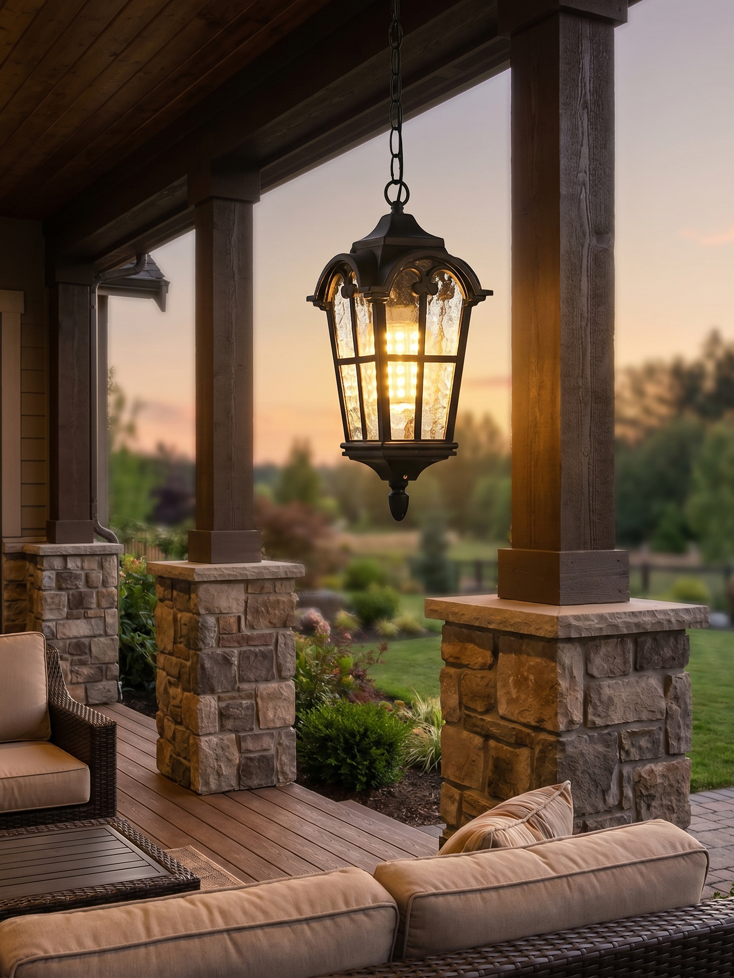 Rustic cross-design outdoor lantern pendant on porch, lifestyle