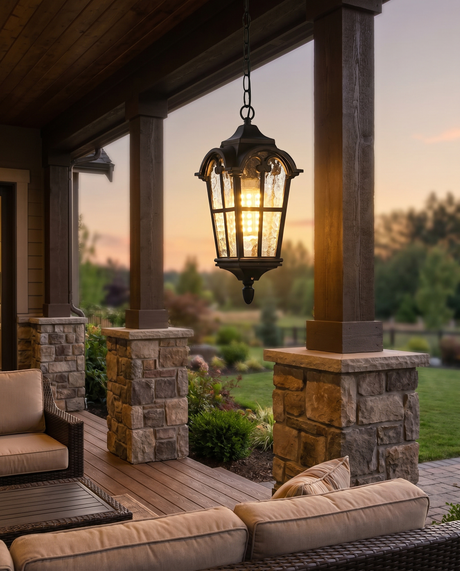 Rustic cross-design outdoor lantern pendant on porch, lifestyle