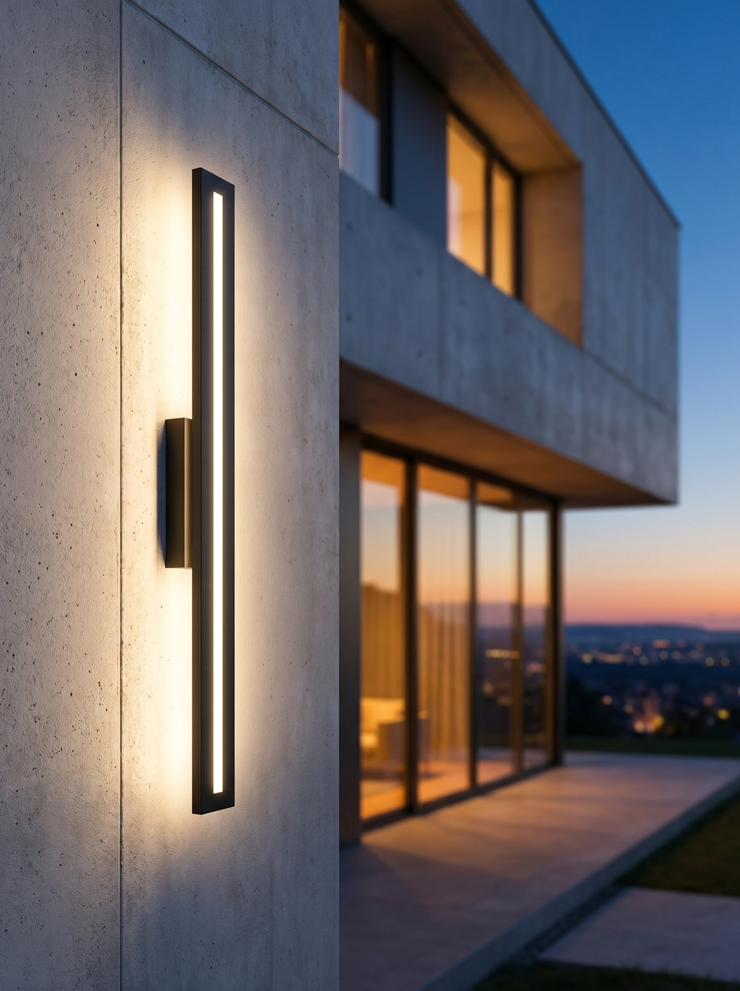 LED long strip outdoor wall light on facade, lifestyle