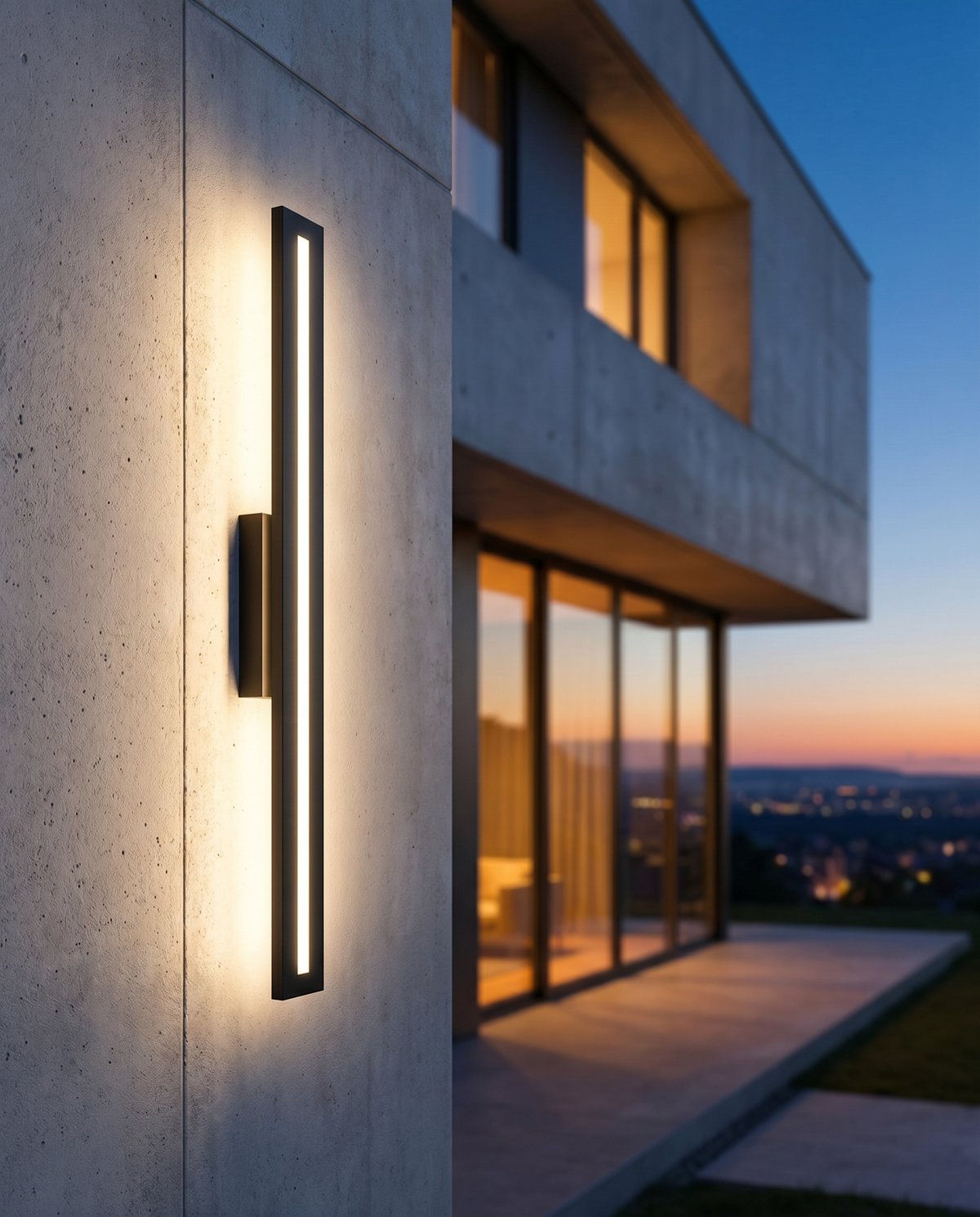 LED long strip outdoor wall light on facade, lifestyle