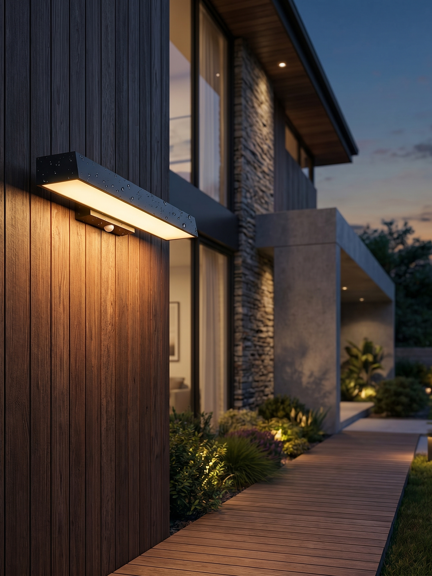 Black motion-sensor outdoor wall sconce at dusk, lifestyle