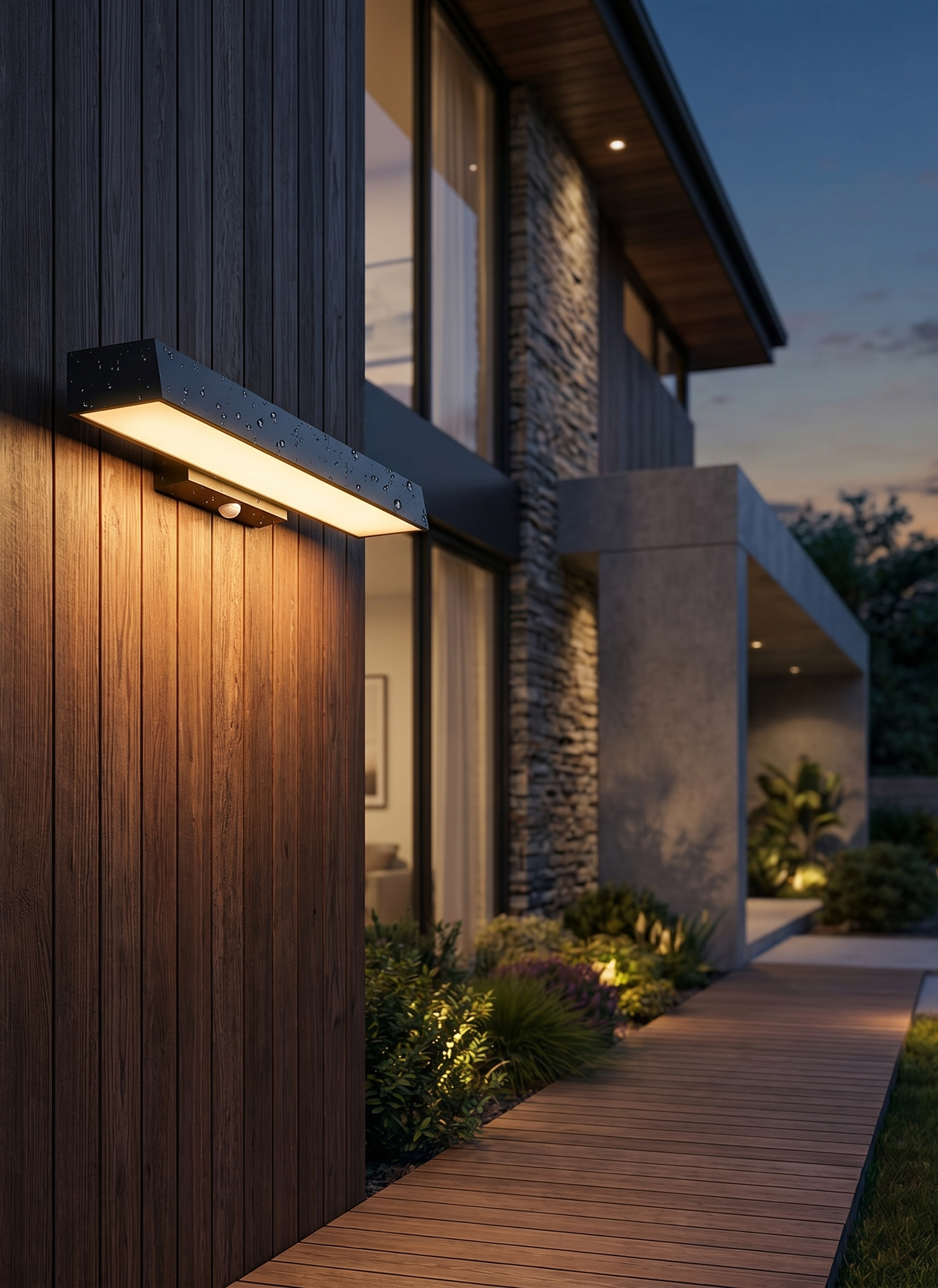 Black motion-sensor outdoor wall sconce at dusk, lifestyle