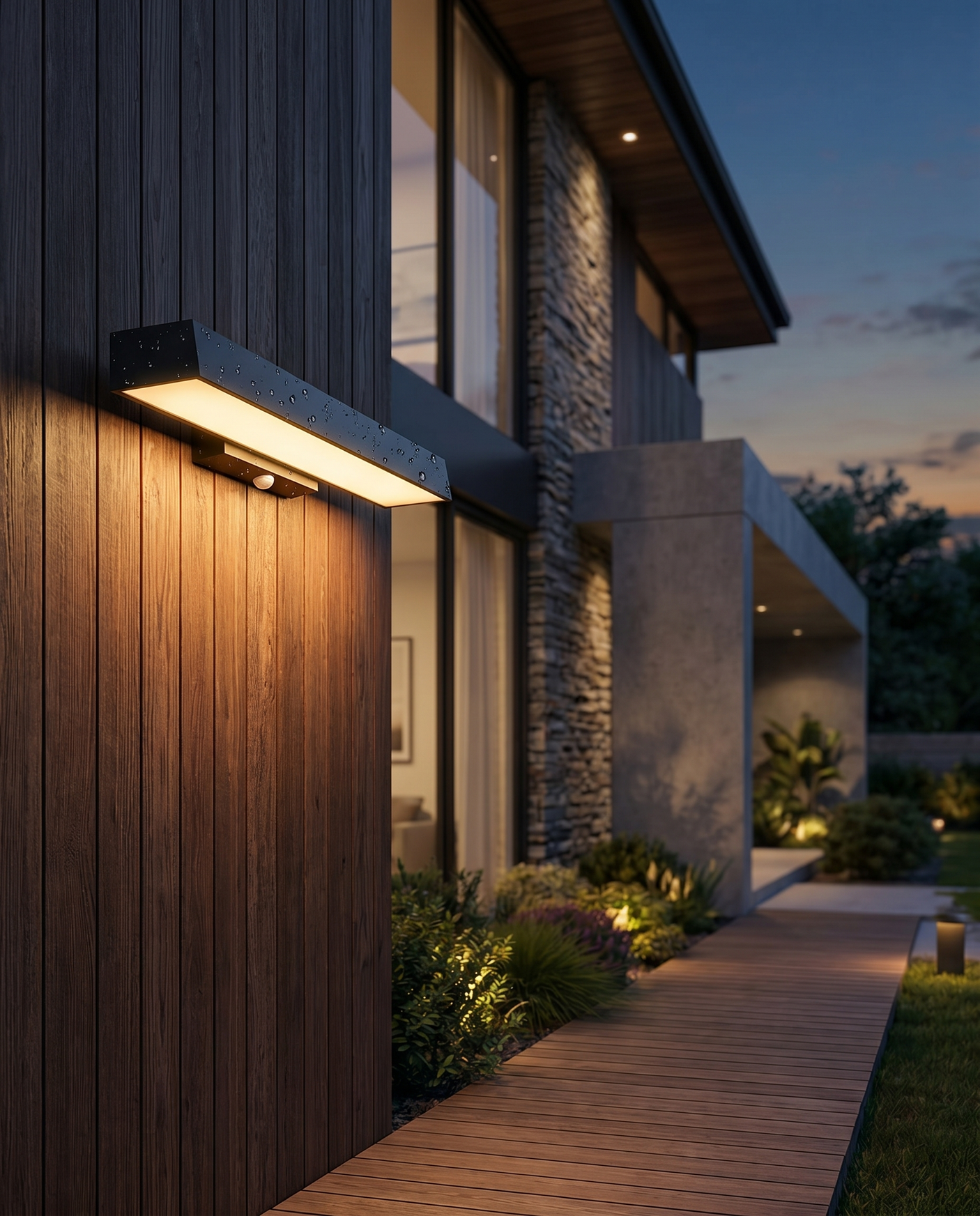 Black motion-sensor outdoor wall sconce at dusk, lifestyle