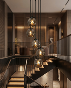 Matte Black Staircase Chandelier with 5 Smoke Globe Bubble Glass Lights