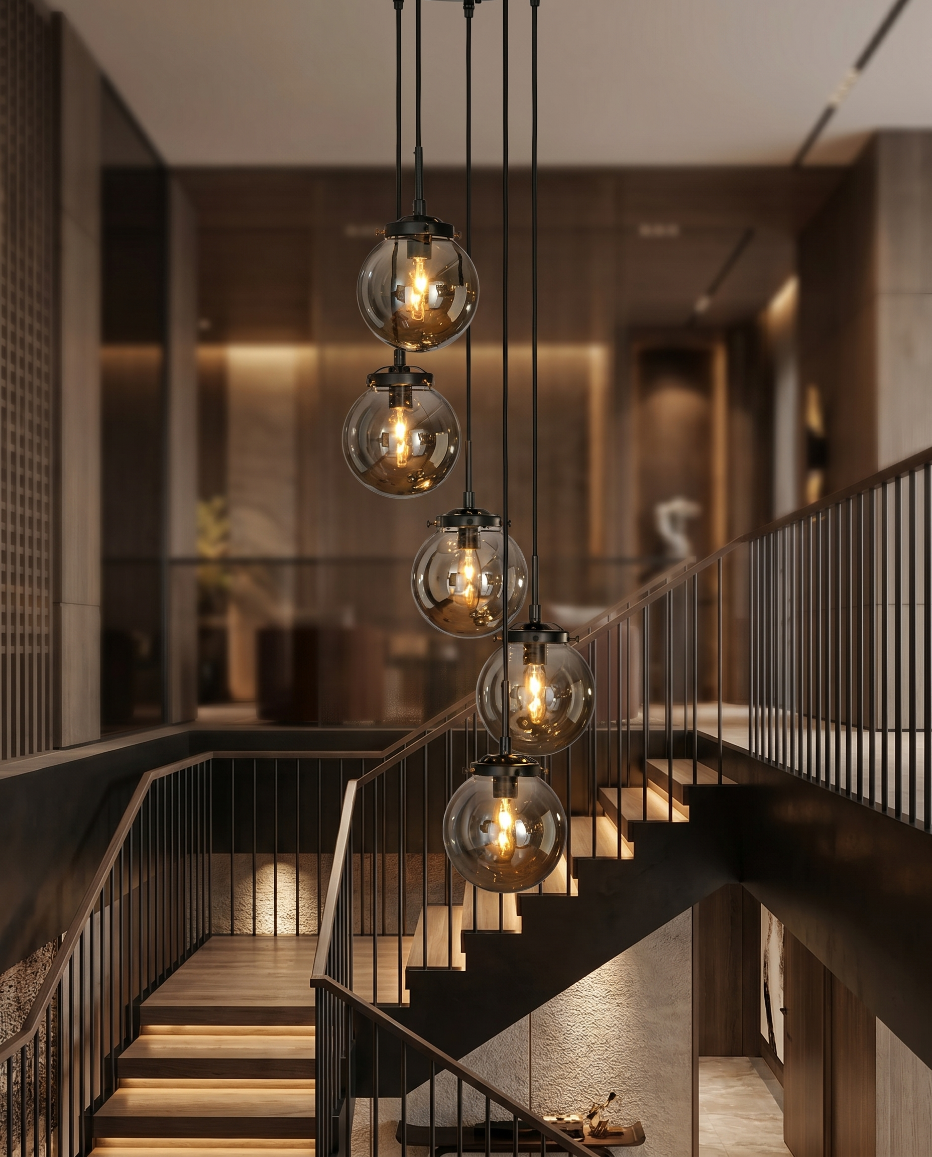 Matte Black Staircase Chandelier with 5 Smoke Globe Bubble Glass Lights