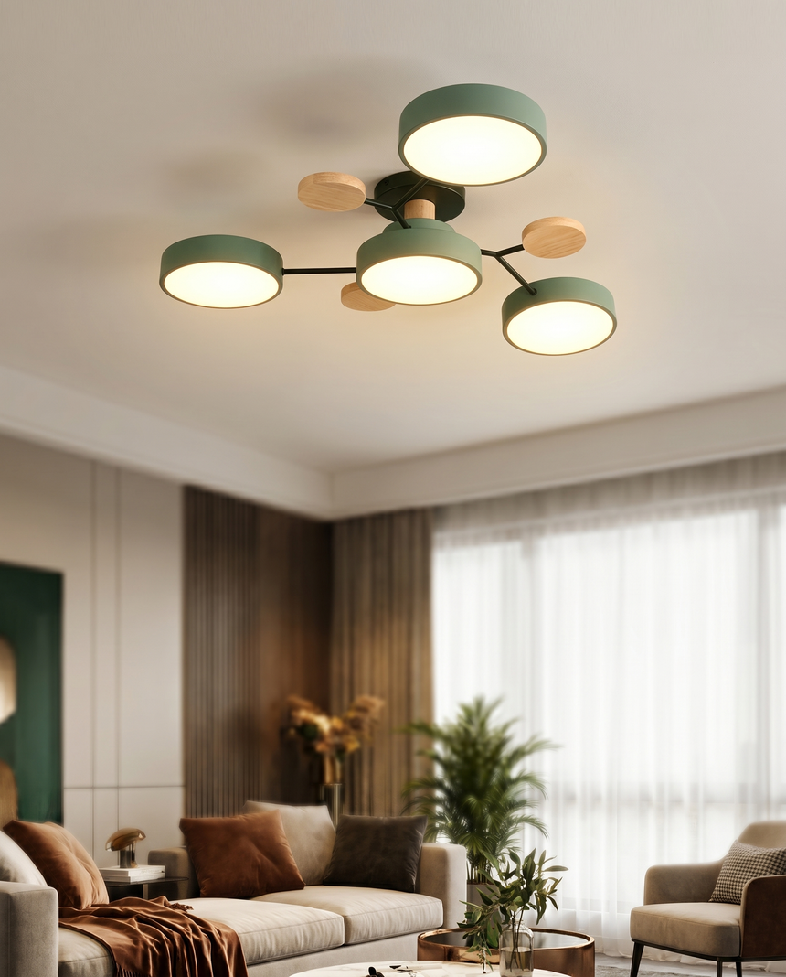 LED-Deckenleuchte mit mehreren Armen und runden Schirmen