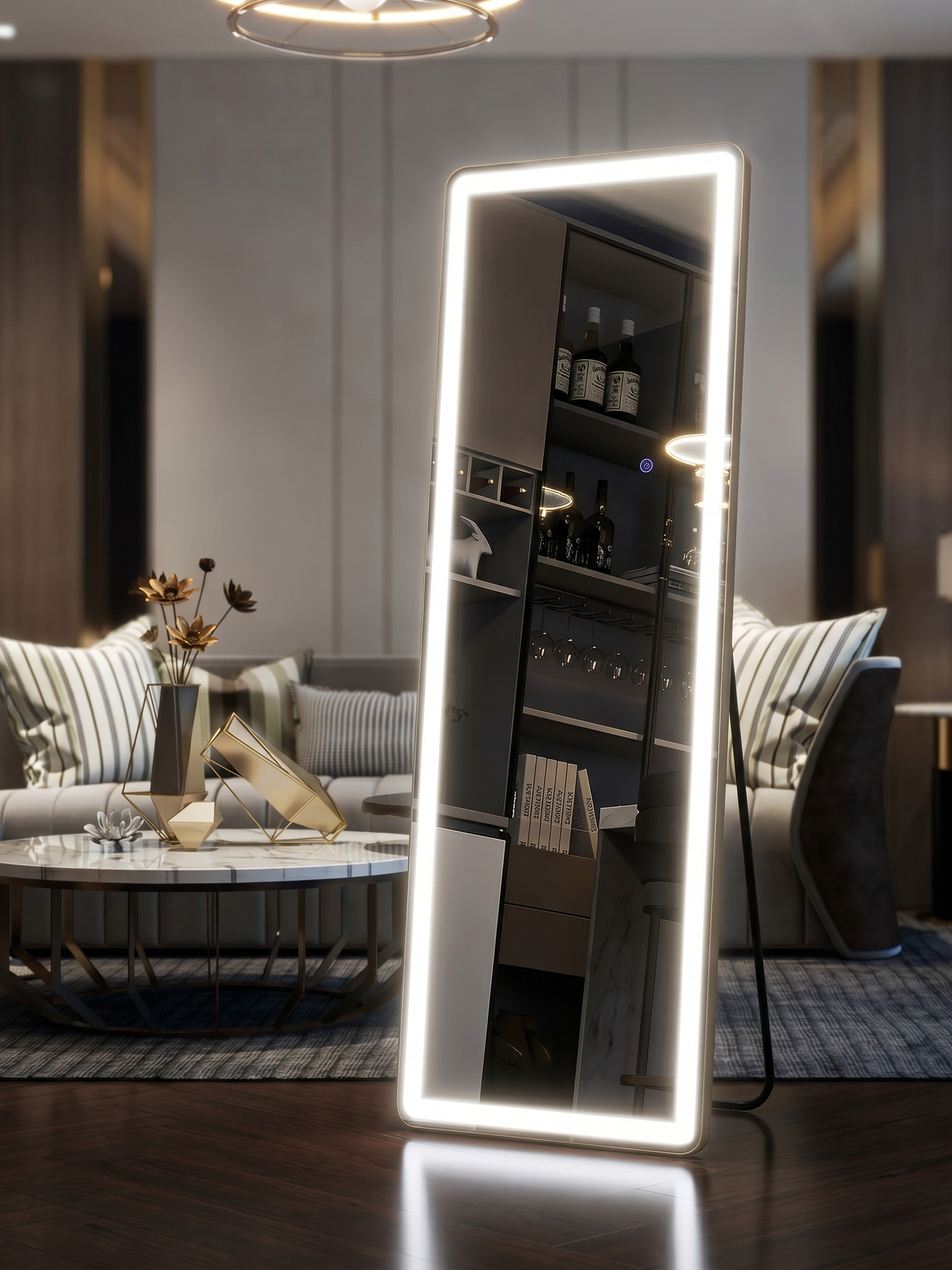 Full length floor mirror with dimmable LED lights, front view