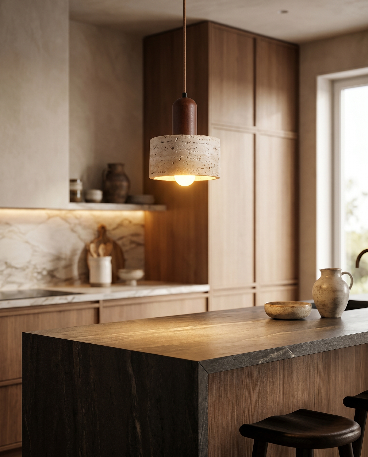 Pendelleuchte aus Travertin im Wabi-Sabi-Stil