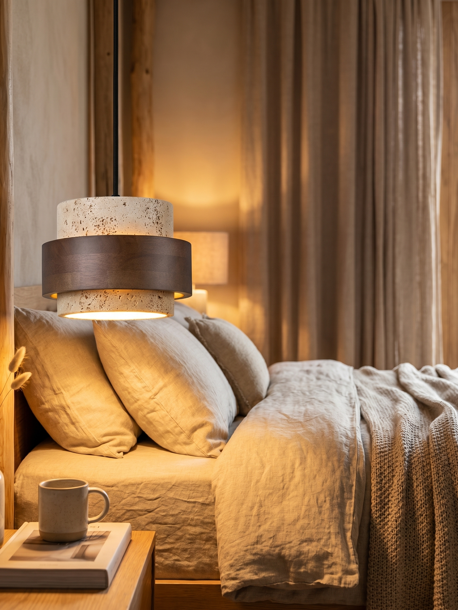 LED-Pendelleuchte aus Nussbaumholz mit Steinoptik
