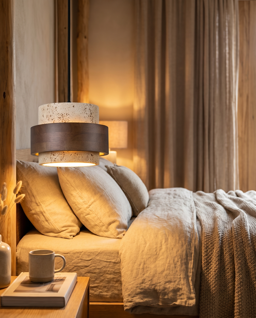 LED-Pendelleuchte aus Nussbaumholz mit Steinoptik