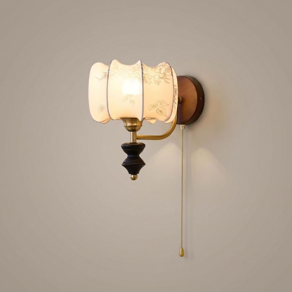 Vintage walnut and white wall lamp