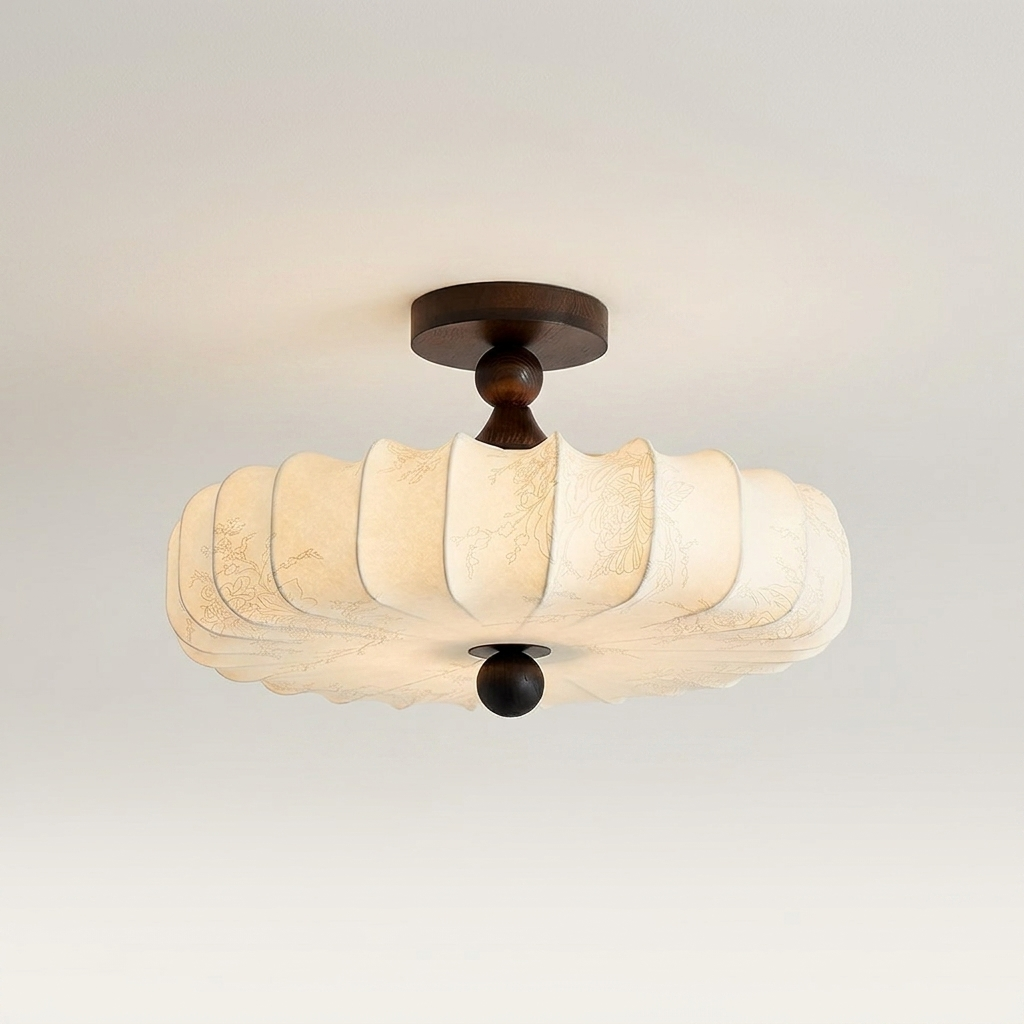 Walnut and beige modern drum ceiling light