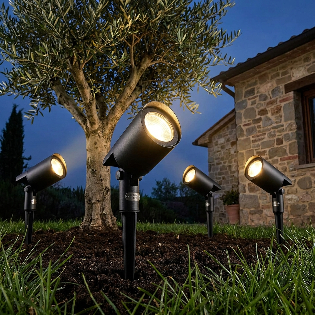 Solar landscape spotlights uplighting a garden tree and stone facade at dusk