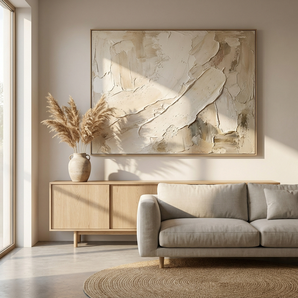 Textured wabi sabi canvas art in warm beige hanging in a Japandi living room