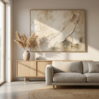 Textured wabi sabi canvas art in warm beige hanging in a Japandi living room
