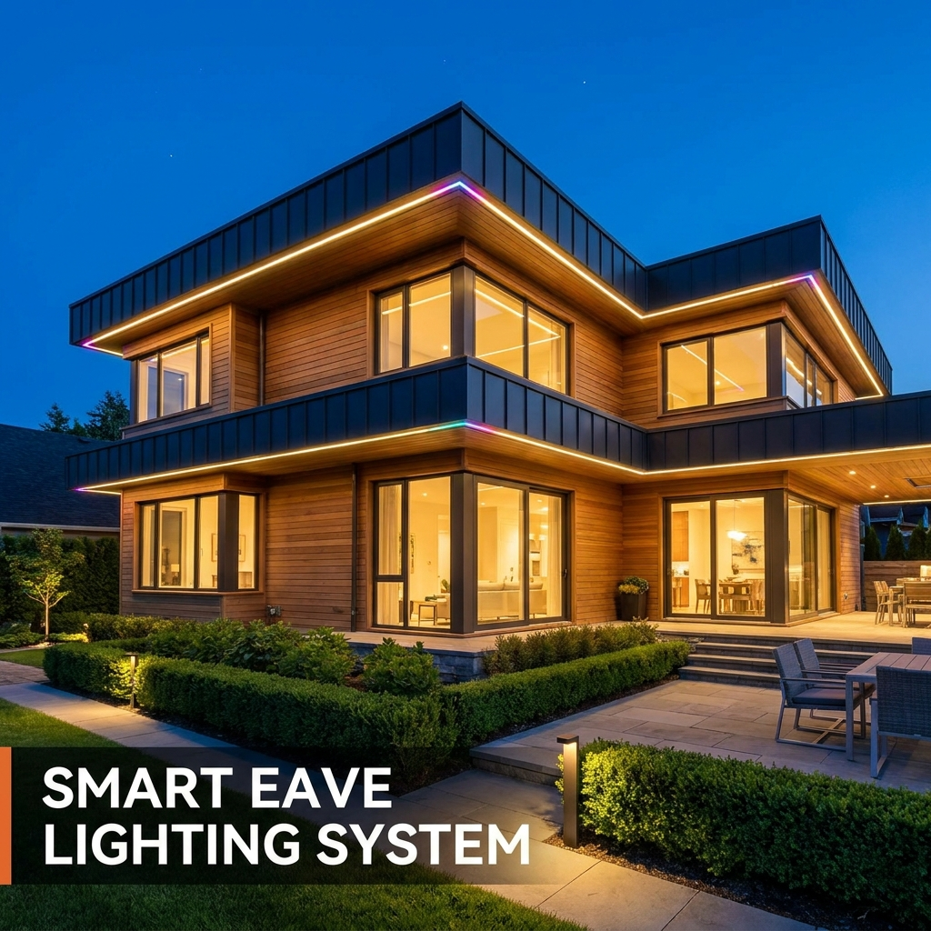 Modern home at dusk with permanent smart eave lights glowing along the roofline