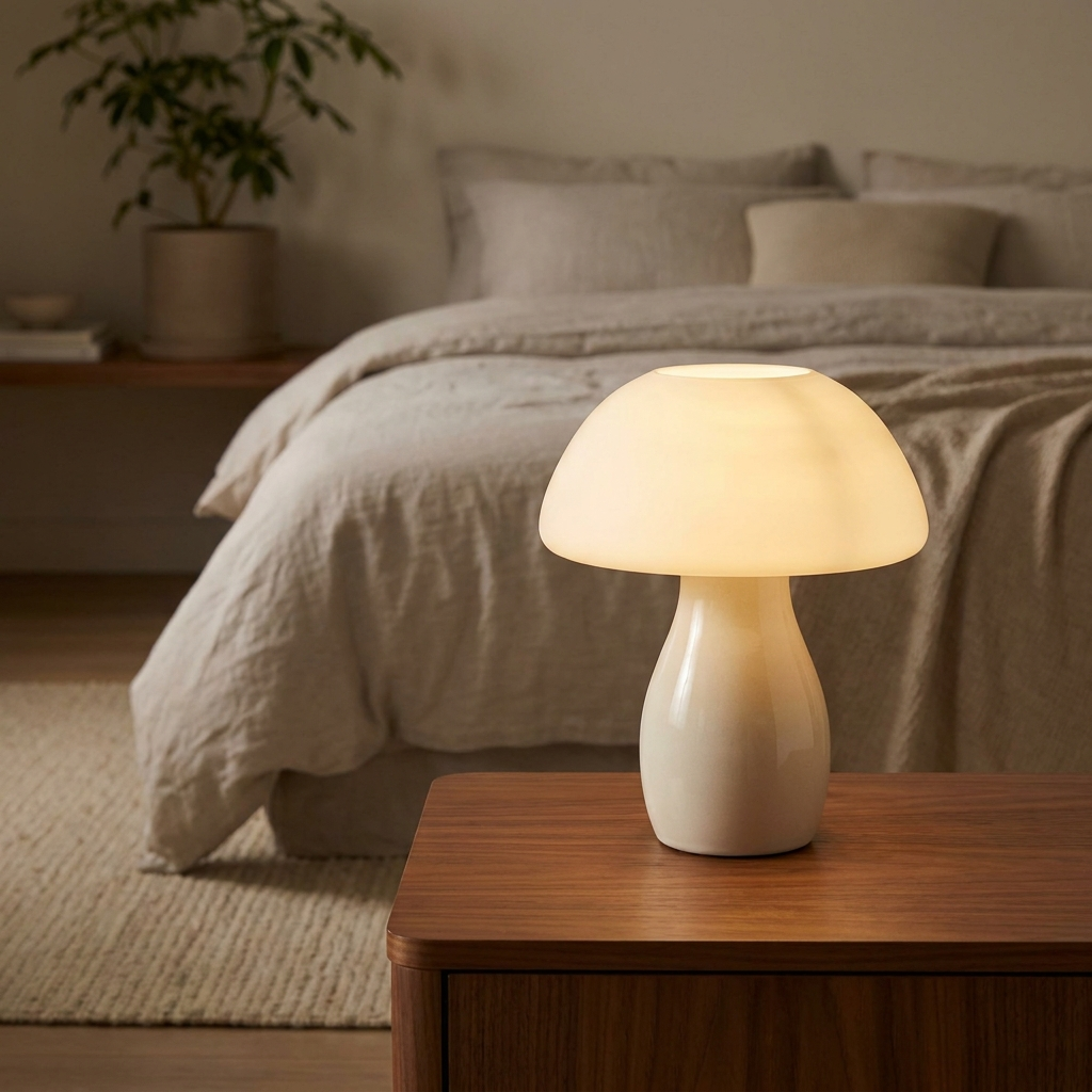 Cream ceramic mushroom table lamp glowing warmly on a walnut nightstand