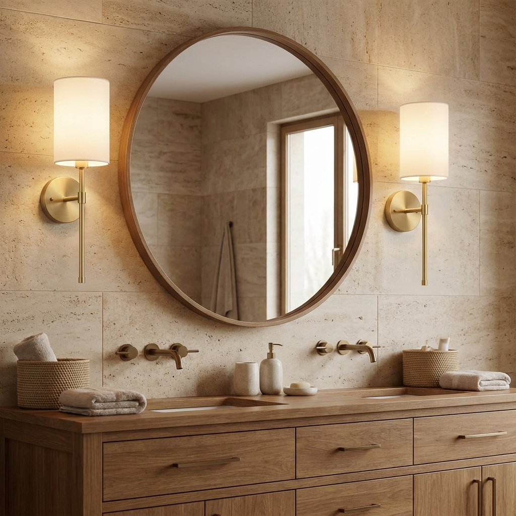 Pair of brushed brass cordless wall sconces beside a bathroom mirror