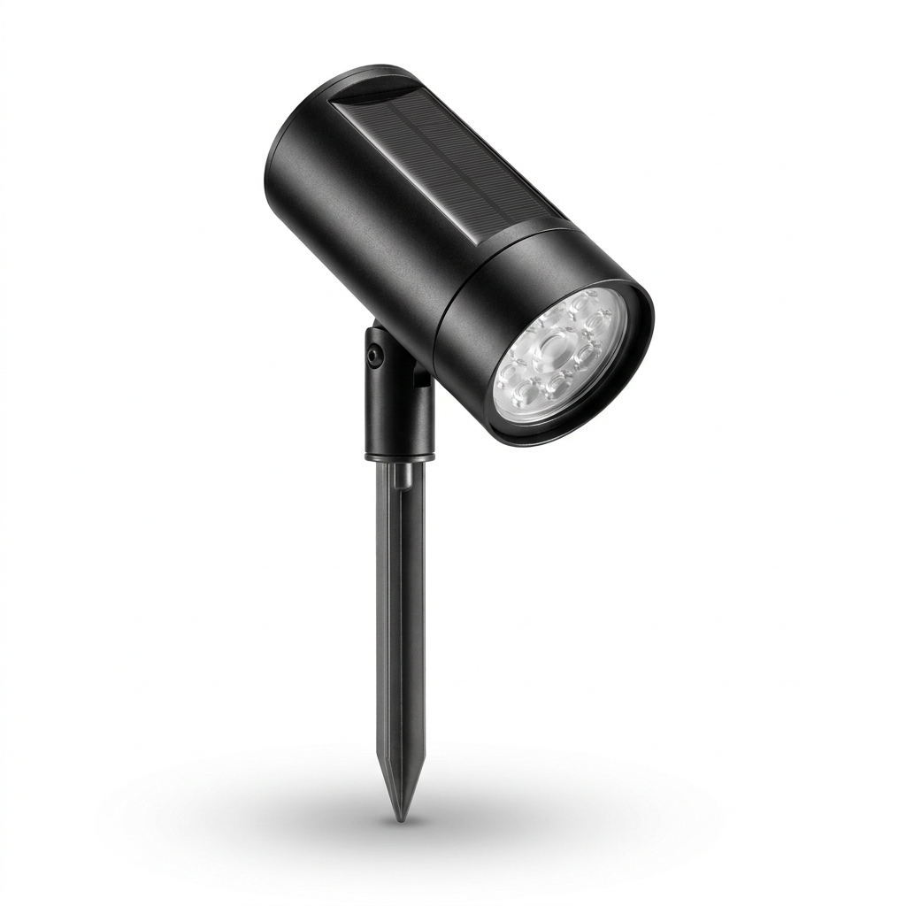 Close-up of black aluminum solar spotlight with adjustable head