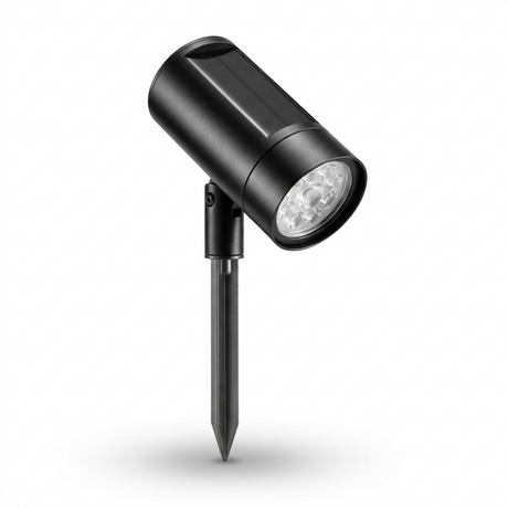 Close-up of black aluminum solar spotlight with adjustable head