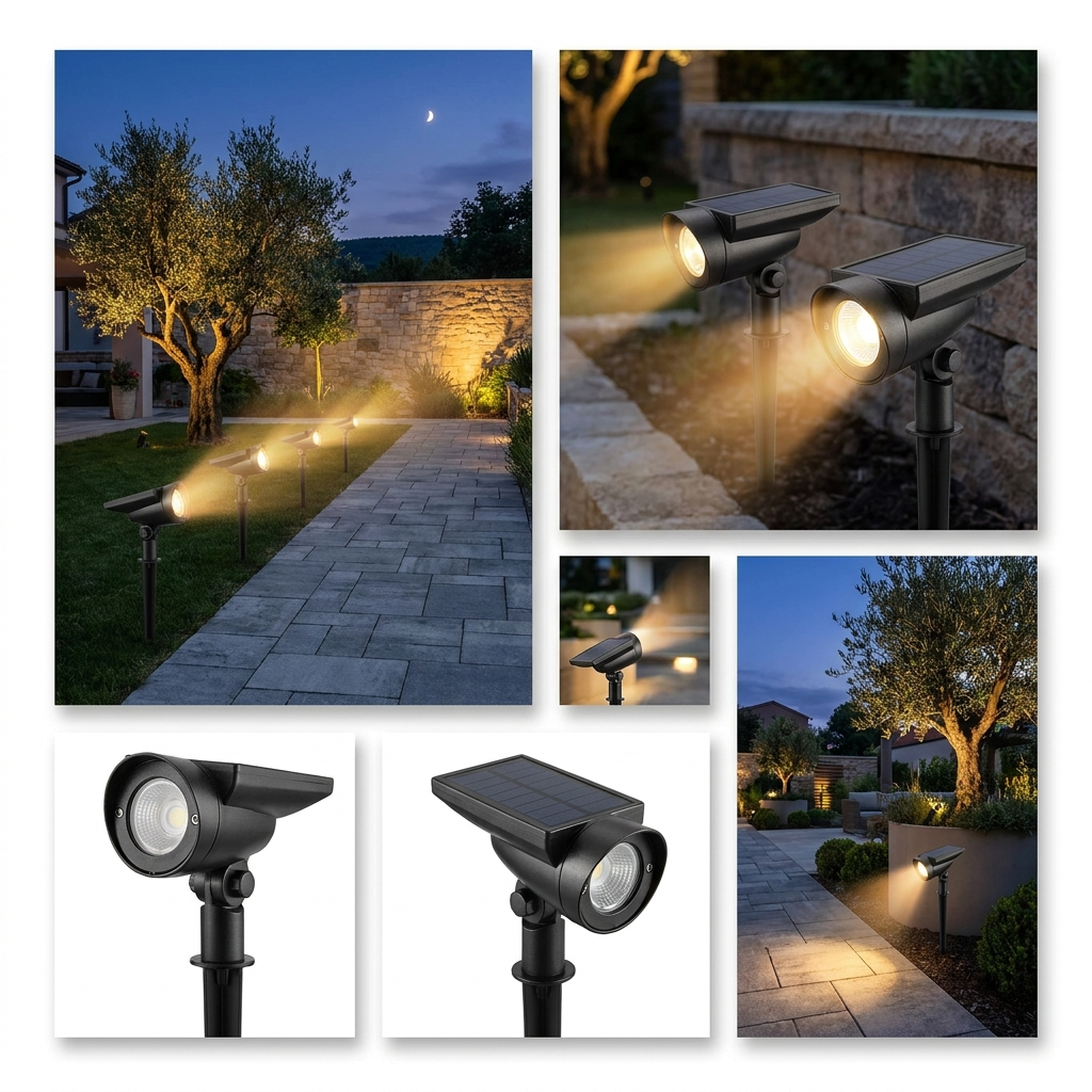 Warm solar uplighting along a modern backyard stone wall