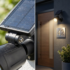 Spotlight wall-mounted beside a modern front door at night