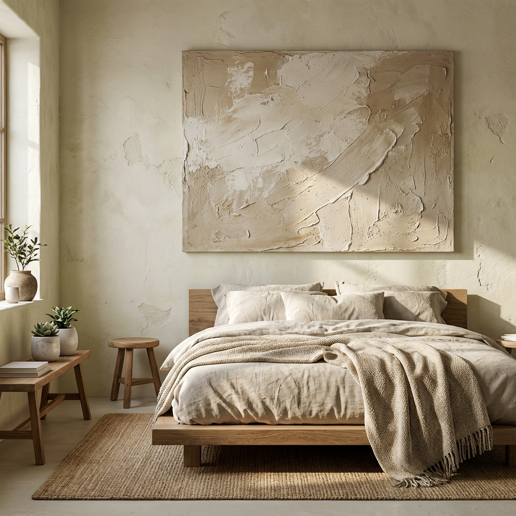 Textured wall art above linen bedding, warm neutrals