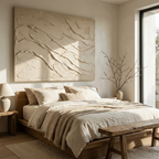 Wabi sabi textured canvas above a platform bed in Japandi bedroom