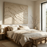 Wabi sabi textured canvas above a platform bed in Japandi bedroom