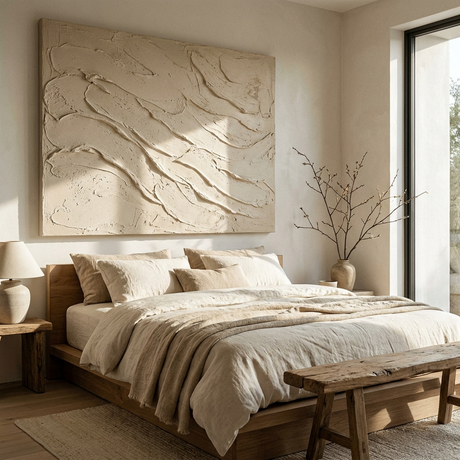 Wabi sabi textured canvas above a platform bed in Japandi bedroom
