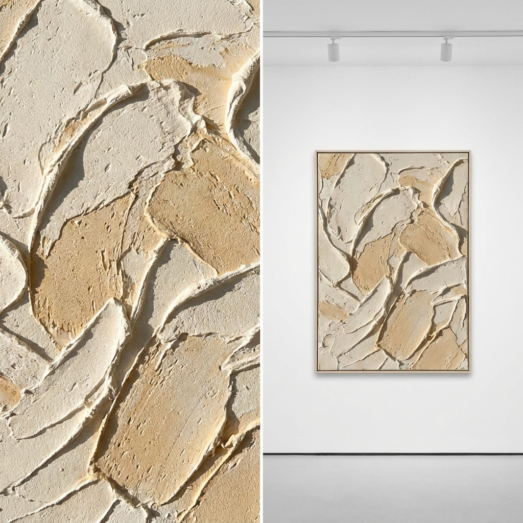 Macro detail of sculptural plaster strokes in cream and sand