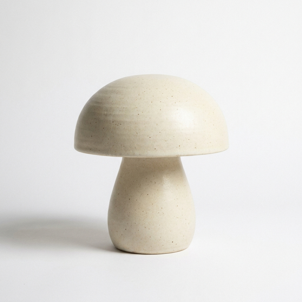 Cream ceramic mushroom lamp on white studio background