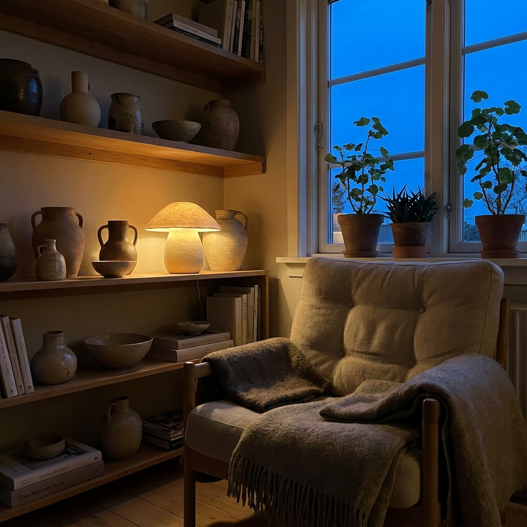 Mushroom lamp glowing on a bookshelf in a reading nook