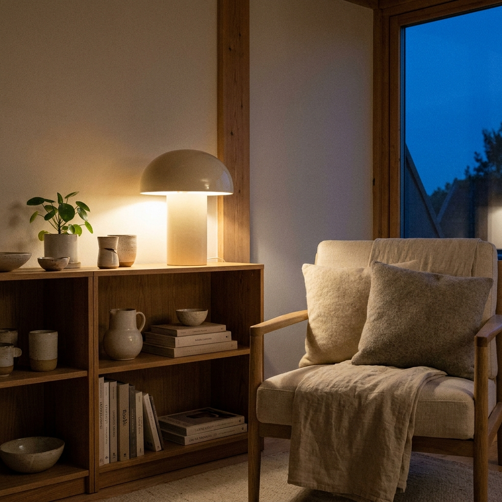 Mushroom lamp on side table next to linen armchair