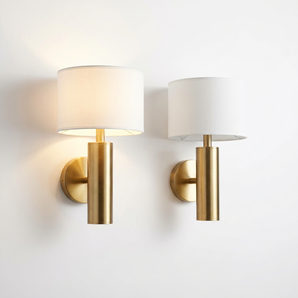 Cordless sconce with warm light on, studio shot