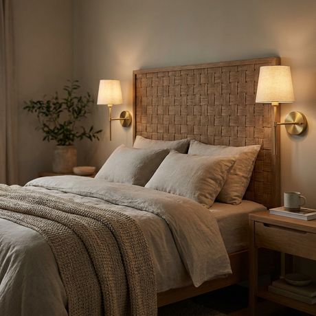 No-wire wall sconces mounted above nightstands
