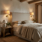 Warm bedside sconce light in an organic modern bedroom