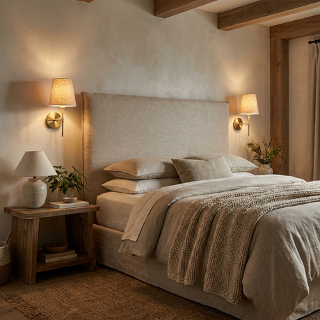 Warm bedside sconce light in an organic modern bedroom
